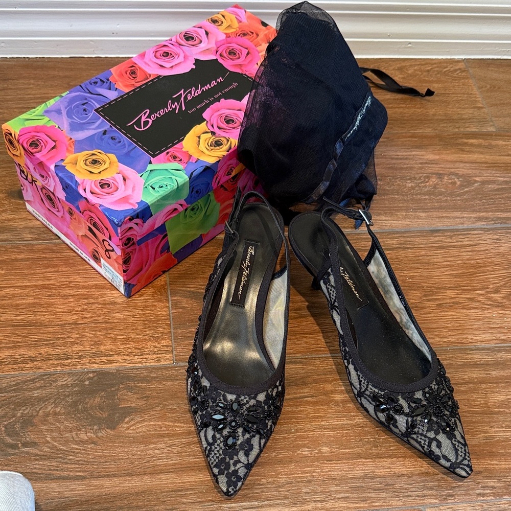 Beverly Feldman Black Lace Heels